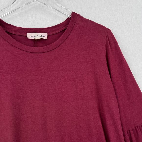 JOHNNY WAS CALME Flute Sleeve Swing Dress Womens Medium Burgundy Maroon Pom Pom - Picture 13 of 15